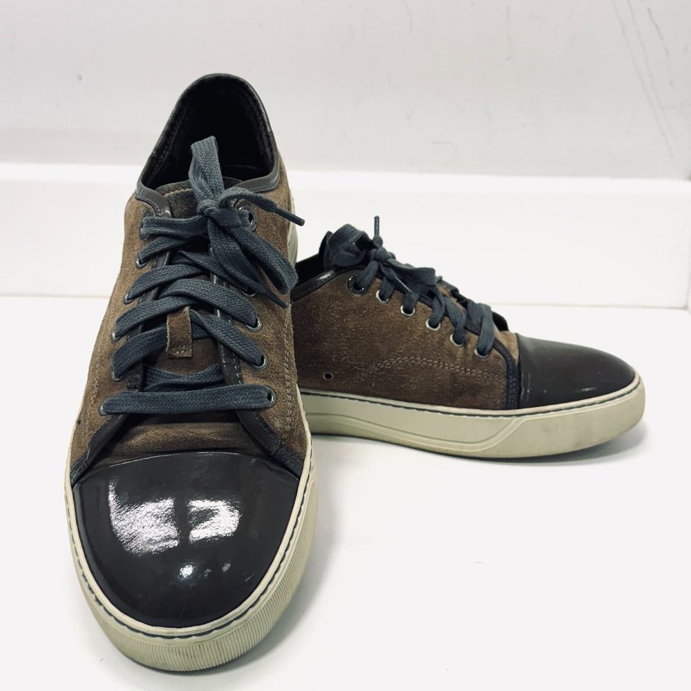 Lanvin Cap Toe Designer Men's Size 6 Brown Suede Black Patent Leather Sneakers